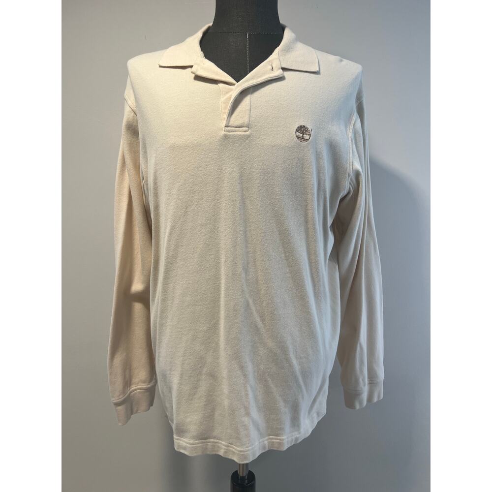 Vintage Timberland Cotton Long Sleeve Polo Sweatshirt Ecru Brown Logo Large SG